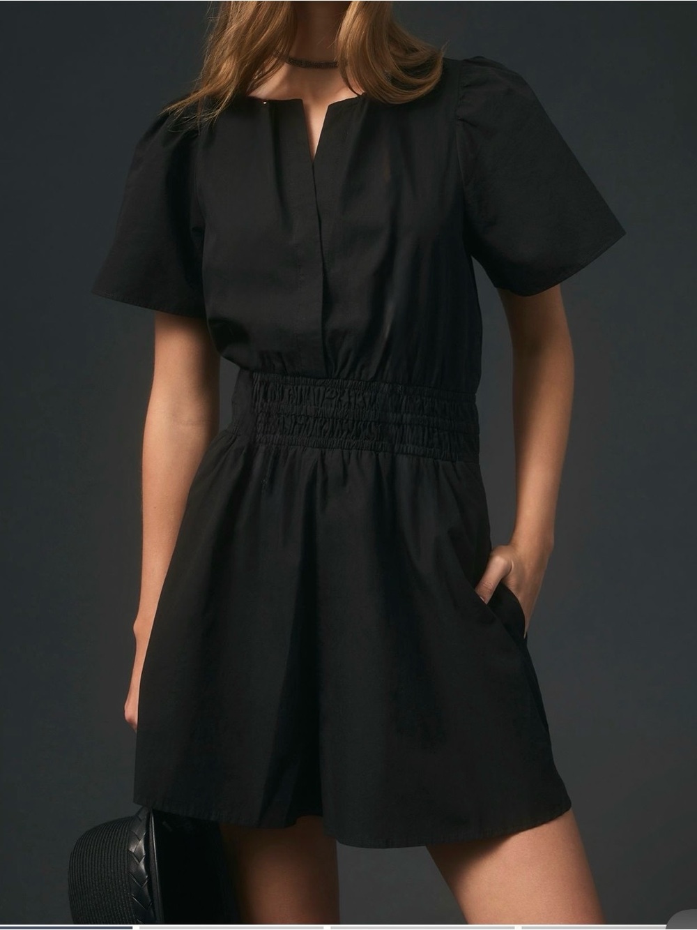 Anthropologie Somerset Poplin Short Sleeve Black Smocked-Waist Romper Size M